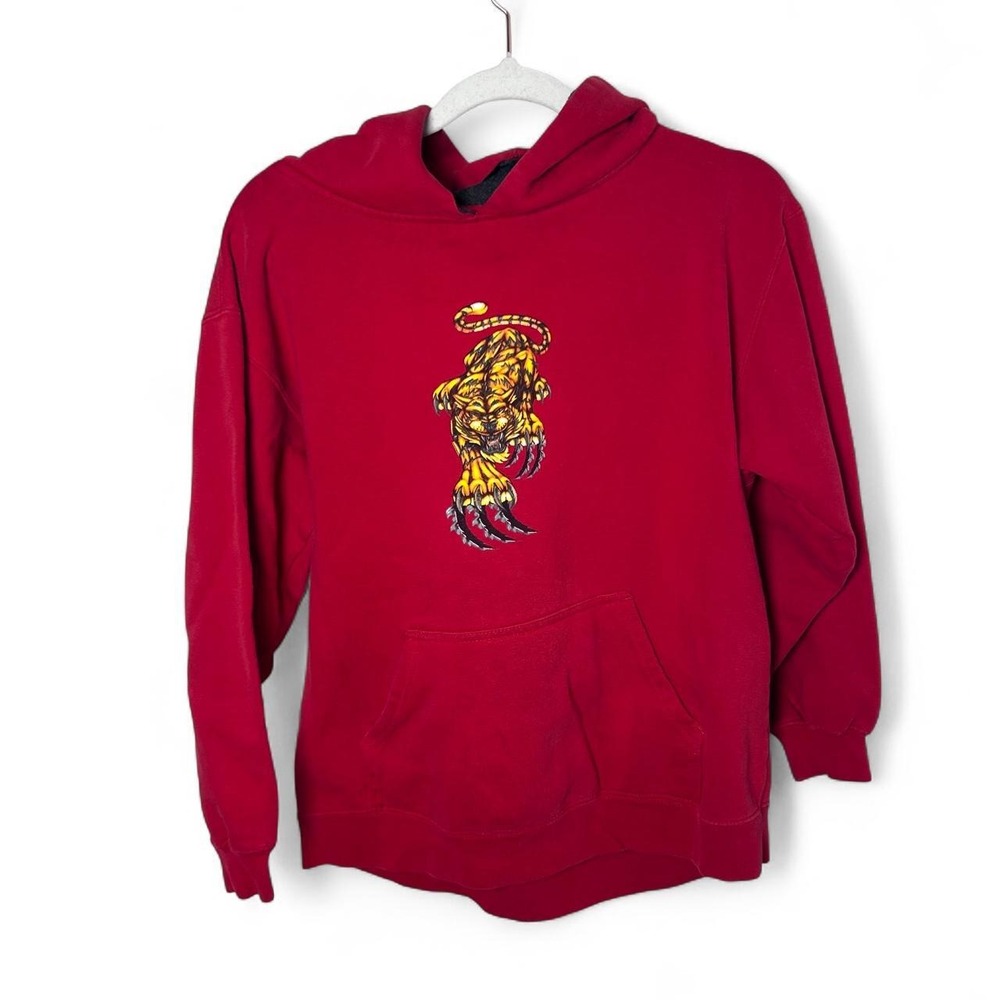 Red Top Heavy hoodie with yellow tiger graphic, size L.. #tiger